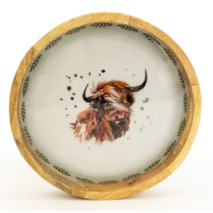 Candlelight Mango Wood Tray Round - Highland Cow