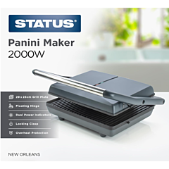 STATUS New Orleans 2‑Slice Sandwich Toaster Panini Press - 2 kW - Fixed Plate - Non‑Stick - Black