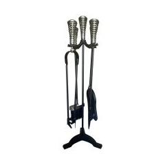 The Brass World D-060 Fire Set Large "Twirl Tops" 26" Black + Brushed Steel