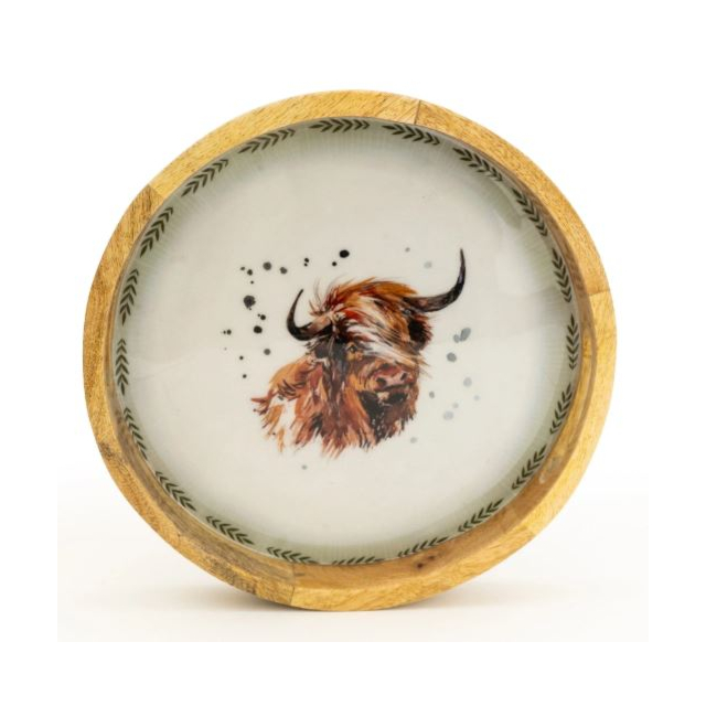 Candlelight Mango Wood Tray Round - Highland Cow
