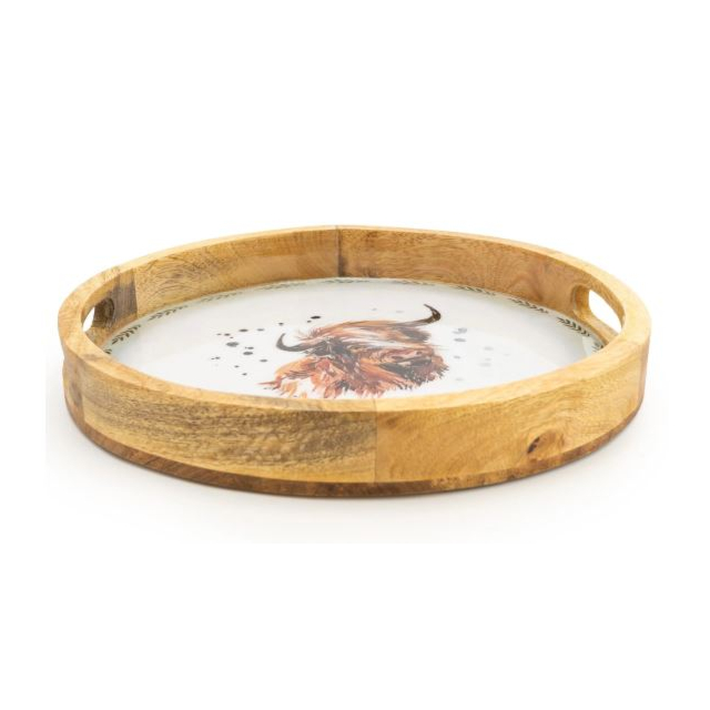 Candlelight Mango Wood Tray Round - Highland Cow