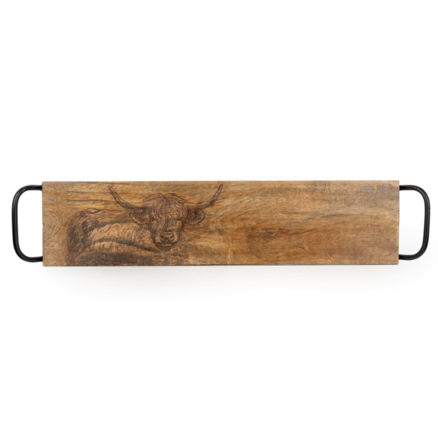 Mango Wood Serving Platter With Handles - Highland Cow 