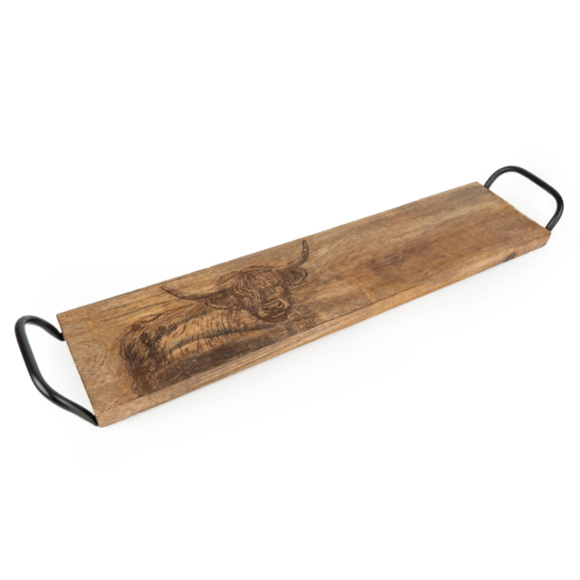 Mango Wood Serving Platter With Handles - Highland Cow 