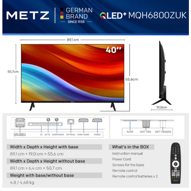 Metz 40MQH6800ZUK 40inch HD Smart QLED TV with Freely Power by Tivo - Black