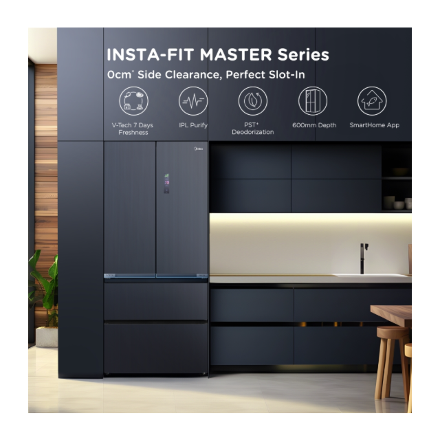 Midea MDRF705BIE70 Insta Fit Master Total No Frost American Fridge Freezer - Midnight Glass