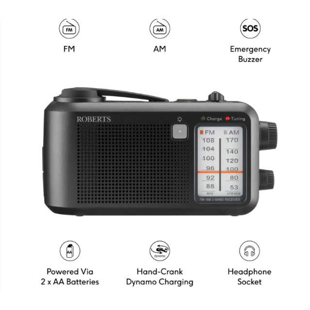 Roberts R9957S FM / AM Multi-Powered Portable Radio with Built-In Rechargeable Battery - Black