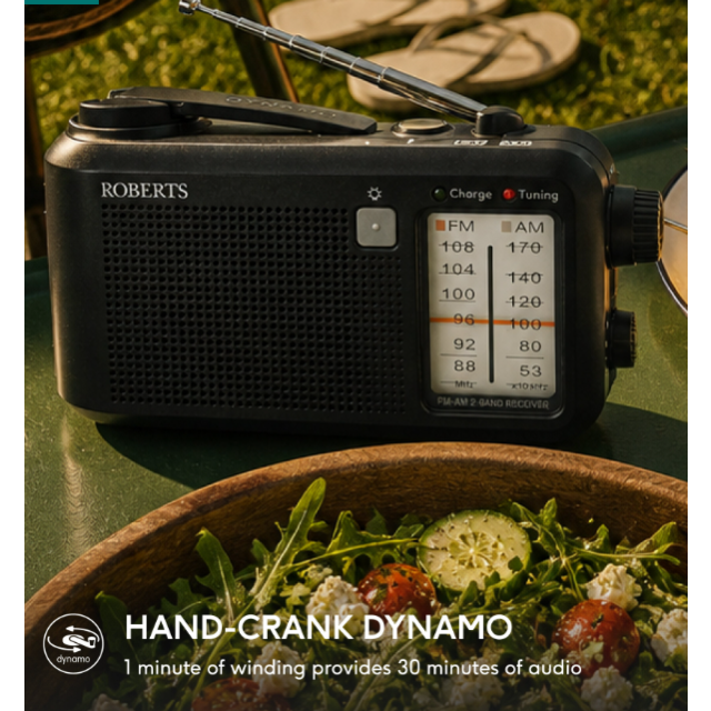 Roberts R9957S FM / AM Multi-Powered Portable Radio with Built-In Rechargeable Battery - Black