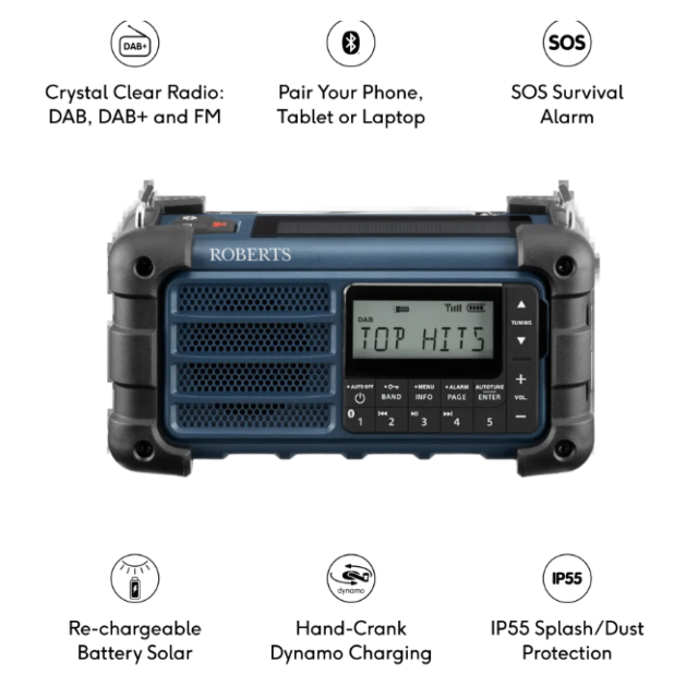 Roberts SOLARDAB99 DAB / DAB+ / FM Multi Powered Portable Radio with Bluetooth - Blue