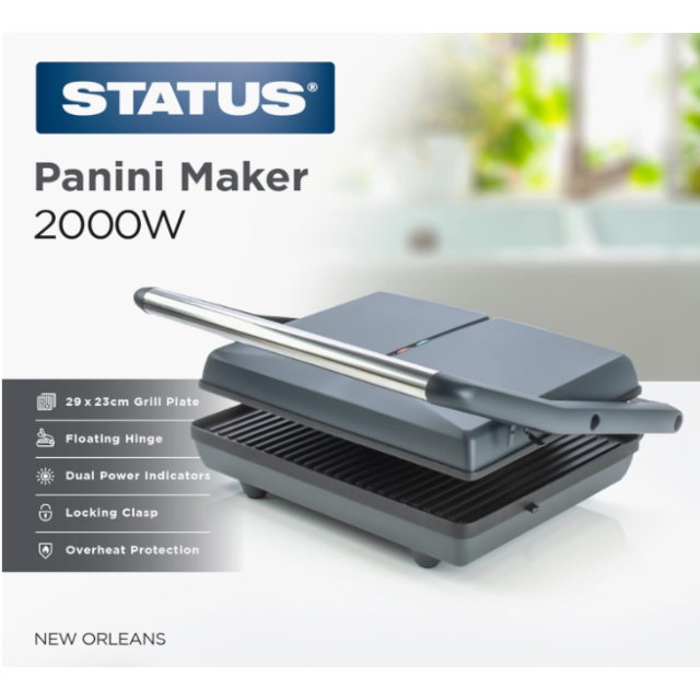 STATUS New Orleans 2‑Slice Sandwich Toaster Panini Press - 2 kW - Fixed Plate - Non‑Stick - Black