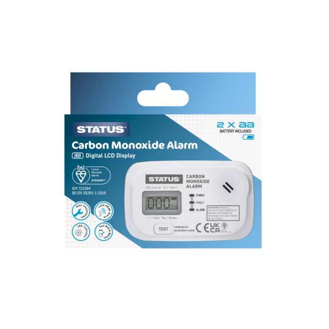Status Carbon Monoxide Alarm - Digital LCD Display - Kite Marked - Removeable Batteries