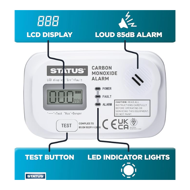 Status Carbon Monoxide Alarm - Digital LCD Display - Kite Marked - Removeable Batteries
